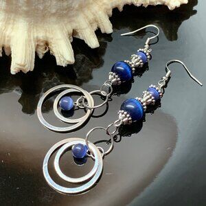 Royal Blue Cat's Eye Gemstone Beads Silver Hoop Handmade Pierced Earrings LR133